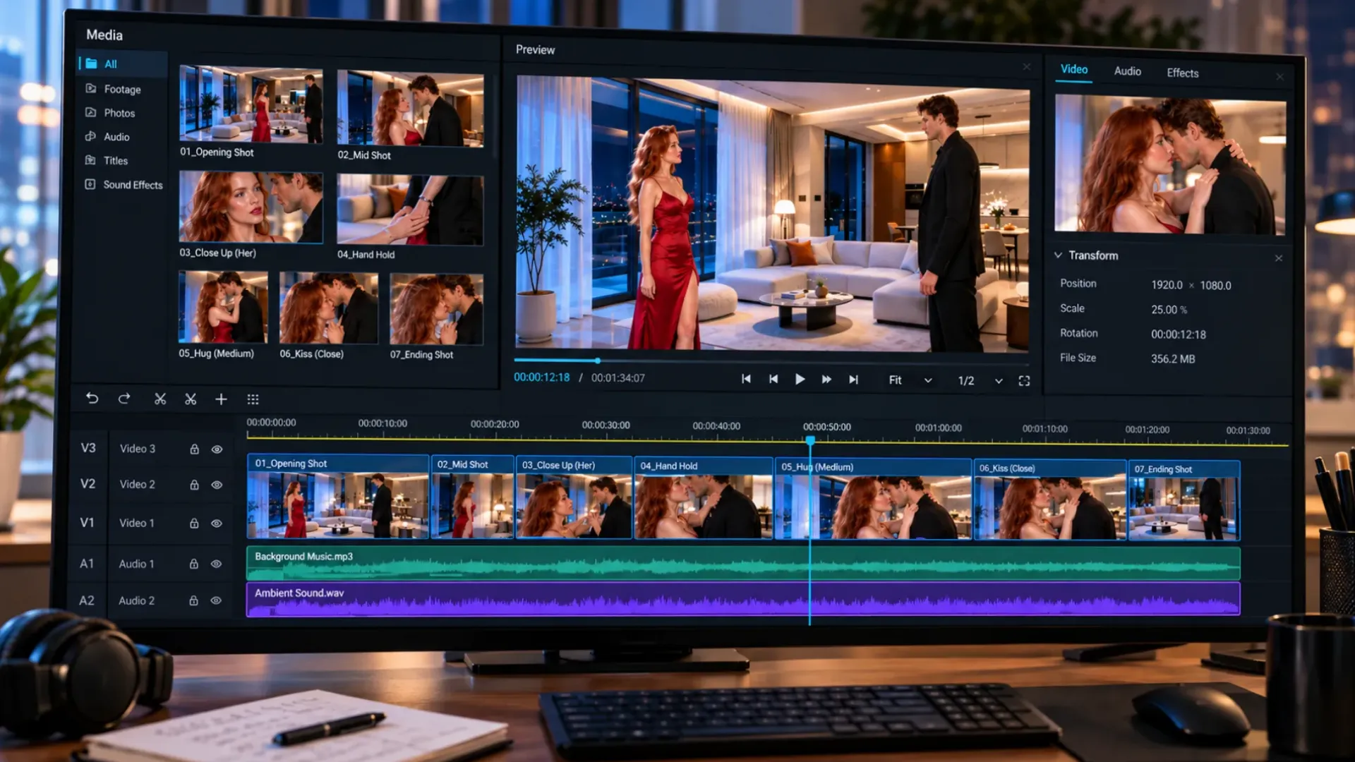 Editing workstation assembling the apartment scene into a final cut